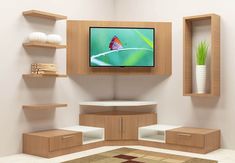 a living room with shelves and a flat screen tv mounted on the wall above it