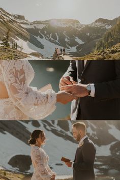 the bride and groom are exchanging their wedding vows in front of mountain lake with snow - capped mountains behind them