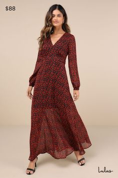 Stroll through the day feeling effortlessly sweet thanks to the Enchanting Energy Black and Red Floral Long Sleeve Maxi Dress! Lightweight woven chiffon, with a cute red floral print throughout, shapes a lightly gathered bodice, a V-neckline, and semi-sheer long sleeves with a balloon-style silhouette and button cuffs. The high, banded waist features long sashes that tie at the back, all atop a flowy, A-line skirt that falls to a chic maxi hem. A button-loop closure secures above a keyhole cutou Red Chiffon Maxi Dress With Long Sleeves, Red Chiffon Long Sleeve Maxi Dress, Red Long Sleeve Chiffon Maxi Dress, Red Chiffon Maxi Dress With Floral Print, Red Floral Print Maxi Dress For Fall, Red Floral Print Maxi Dress For Date Night, Floral Long Sleeve Maxi Dress, Long Sleeve Floral Maxi Dress, Gathered Bodice