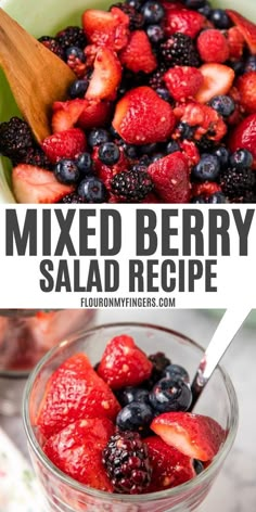 mint green bowl full of mixed berry salad, mini glass trifle dish full of berry fruit salad with spoon Berry Salads For Parties, Fresh Berry Salad, Triple Berry Salad, Mixed Berry Fruit Salad, Fruit Side Dishes For Easter, Berry Dishes, Berry Mix Fruit, Glazed Berries, Berries Salad Recipe