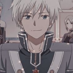 an anime character with blonde hair and blue eyes standing in front of other characters wearing uniform