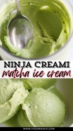 green ice cream in a white bowl with spoon and text overlay that reads, ninja cream matcha ice cream