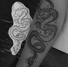 a black and white photo of a dragon tattoo on someone's left leg, next to a drawing of a snake