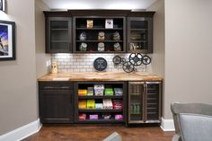 a kitchen with lots of cabinets and counter top space next to a dining room table