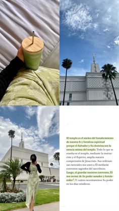 a woman standing in front of a building with palm trees and a cup on her lap