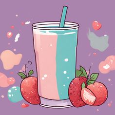 two strawberries next to a drink with a straw in it and hearts floating around