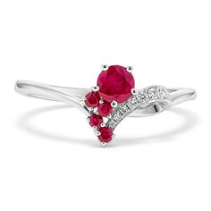 Beautiful and unique  this natural gemstone ring is crafted in bright 14-karat white gold. It features cascading rubies for a vibrant pop of color and sparkling diamond accents. Fine Jewelry Ruby Ring With Accent Stones In Platinum, White Gold Ruby Ring With Diamond Accent Stones, Cluster Diamond Ruby Ring In White Gold, Platinum Ruby Ring With Accent Stones, White Gold Cluster Ruby Ring With Diamonds, White Gold Ruby Birthstone Ring, Platinum Rings With Red Diamond Accents, Red Platinum Rings With Diamond Accents, Red Multi-stone Diamond Promise Ring