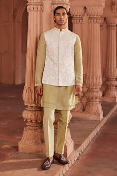 Ivory bundi with bead embellishment in floral pattern. Paired with gold kurta and pant. - Aza Fashions Kurta Set Men, Radhika Madan, Rhea Kapoor, Genelia D'souza, Mira Rajput, Dia Mirza, Sanya Malhotra, Kurta Set For Men, Bead Embellishment