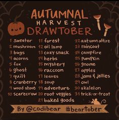 an autumn harvest list with pumpkins and other things to eat for the halloween season