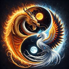 two colorful dragon like animals in front of a full moon