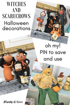 two pictures of halloween decorations with the words witches and scarecrows on them, oh my pin to save and use