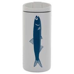 a white and blue fish canister with an image of a fish on the side