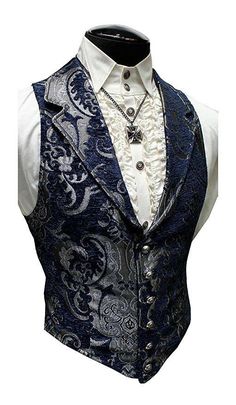 Cut from a rich blue tapestry fabric on the front, our waistcoat features a silver satin lining and back that ties with belting. To maintain the slim silhouette, no pockets clutter the look. Exterior front made from a blend of 55% viscose and 45% polyester, lining 100% polyester. | eBay! Steampunk Clothing, Steampunk Fashion, Fantasy Clothing, Fantasy Fashion, Character Outfits, Gothic Fashion, Victorian Fashion, Character Concept, Heavy Metal