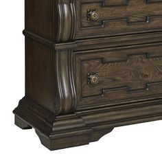 a dark brown dresser with drawers and knobs