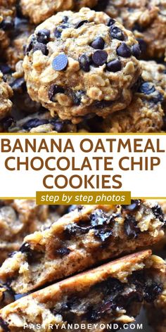 banana oatmeal chocolate chip cookies stacked on top of each other with text overlay