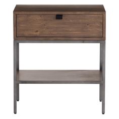 the side table is made from wood and metal with a drawer on one end, and an open shelf on the other