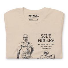 "Grab your toolbox. This soft cream t-shirt from Kip Noll by Vintage Gay Co. features a distressed vintage classified ad that boasts the prowess of a gay handyman service, harkening back to the golden days of gay pulp fiction and the bold artistry of Tom of Finland. Emblazoned with the confident claim, \"We nail it every time,\" and declaring \"24/7 handymen\" availability, this shirt winks at double entendres with the grace of a bygone era. The artwork showcases two muscular men whose confident stance and style pay homage to the legendary aesthetic of Tom of Finland, known for celebrating the beauty and strength of gay men. Let this tee wear you with an attitude that's 24/7 and handymen who are always on call. Whether you're the one wielding the hammer or just appreciating the form of tho Legendary Aesthetic, Endless Fashion, Casual Activewear, Casual Trends, Golden Days, Gay Fashion, Casual Outerwear, Bygone Era, Mens Trends