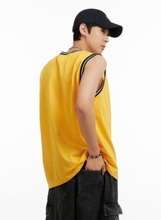 Product Detail Style : Street, Sporty Occasion : Back to school Type : Men, Activewear Print : Lettering Material : Polyester Sleeve : Sleeveless Fit : Loose fit Polyester100 Color : Yellow, Green, Black Made in Korea Model Size Model is wearing size M/L and the color Yellow. Height : 6'0" | 184cm / Top : L / Bottom : XL (32 inch) .prddescription table, .prddescription td, .prddescription th { border : 1px solid black; border-collapse : collapse; padding: 10px; } Size(Inch) Size Shoulder Bust Ar Cotton Tank Top For College In Summer, Sporty Tank Top For College In Summer, Sporty Summer Tank Top For College, Casual Summer Tank Top For College, Basic Sleeveless Moisture-wicking Top, Sporty Cotton Tank Top For College, Casual Sleeveless Tank Top For College, Casual Streetwear Vest With Dropped Armholes, Sporty Cotton Crew Neck Vest