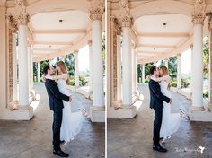 the bride and groom are posing for their wedding pictures in front of an ornate gazebo