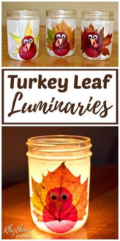 turkey leaf luminaries in mason jars with the words turkey leaf luminities on them