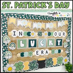 the st patrick's day sign with shamrocks and bunting banner on it