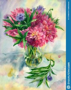 a watercolor painting of pink flowers in a vase