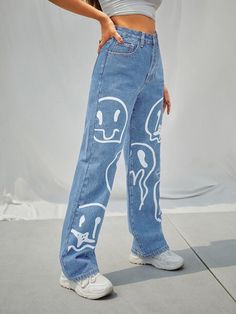 Look 80s, Diy Pants, Wide Legged Pants, Denim Decor, Moda Jeans, Painted Jeans, Painted Clothes, Jeans Diy