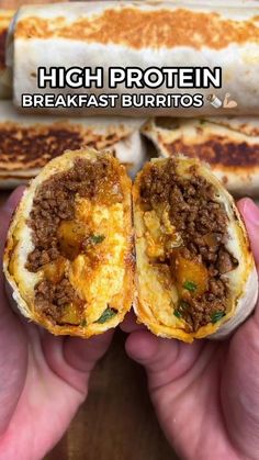 someone is holding up some food in their hand, with the text high protein breakfast burritos