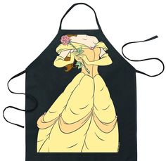 a black apron with an image of a princess holding a rose in her hand and wearing a yellow dress