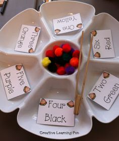 a white plate with four different types of food on it and two chopsticks in the middle