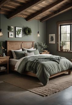 a bedroom with green walls and wooden furniture