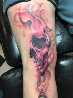 a person with a tattoo on their leg that has a skull and triangle in it