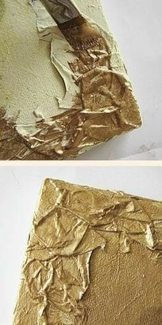 two pictures of gold paint being applied to the surface of a piece of art work