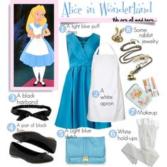 the alice in wonderland costume is shown with accessories and other things to put on it