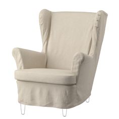 a white chair with a ruffled back and foot rests against a white background,