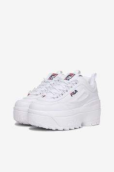 Women's Disruptor 2 Chunky Wedge Sneaker - a platform sneaker so high it's almost absurd. Get high with women's sneakers from FILA Cute Shoes Platform Sneakers, Platform Sneakers High Top, Fila Platform Sneakers, Chunky Filas, Chunky Shoes Outfit, White Filas, Chunky Tennis Shoes, Heeled Sneakers