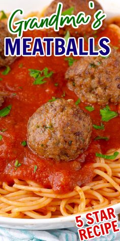 the cover of grandma's meatballs cookbook is shown with spaghetti and meatballs