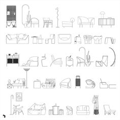 various furniture and chairs are shown in black and white, as well as an outline drawing