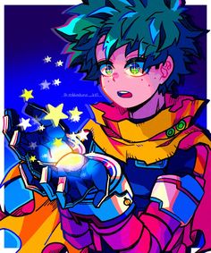 an anime character with green hair and blue eyes holding a glowing object in his hand