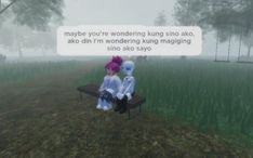 two animated characters sitting on a bench in the middle of a foggy field with trees