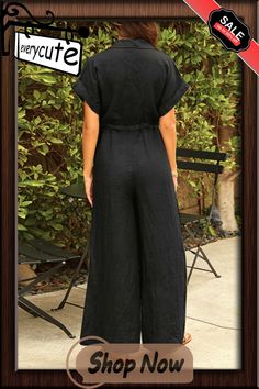 Solid Drawstring Waist Button Front Pocket Wide Leg Jumpsuit Black Button-up Jumpsuits And Rompers For Summer, Casual Solid Jumpsuits And Rompers With Buttons, Casual Jumpsuits And Rompers With Buttons, Spring Solid Color Jumpsuits And Rompers With Buttons, Spring Jumpsuits And Rompers With Buttons, Black Jumpsuits And Rompers With Button Closure For Spring, Black Summer Jumpsuit With Button Closure, Casual Relaxed Fit Jumpsuits And Rompers With Buttons, Relaxed Fit Jumpsuits And Rompers With Buttons For Summer