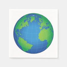 A graphical view of the Earth over the Atlantic Ocean as a blue and green map showing the major continents of the Americas, Europe and Africa. Gender: unisex. Age Group: adult. World Globe Map, Globe Map, World Earth Day, World Globes, Earth Globe, Green Environment, Map Globe, Personalized Paper Napkins, World Globe