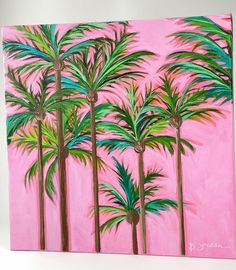 a painting of palm trees against a pink background