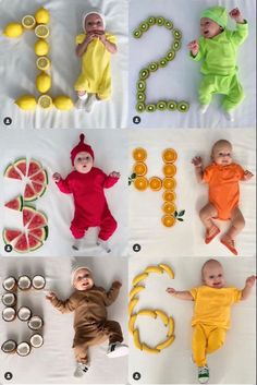 babies in different costumes laying on top of each other and surrounded by fruits, vegetables, and letters that spell out the word e