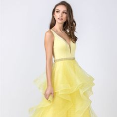 This Exquisite Dress Is Designed To Make A Lasting Impression At Any Special Occasion. The Sleeveless Design Allows For Easy Movement And Showcases Your Shoulders With Grace. The Ruffled Details Add A Touch Of Femininity And Elegance, Creating A Truly Enchanting Look. Length: Long Color: Yellow Neckline: Illusion Plunging Neck Silhouette: Ball Gown Sleeve: Sleeveless Back: Zipper Skirt: Ruffled Embellishments: Rhinestones Occasion: Romantic Date/Evening/Dinner, Wedding/Bridesmaid, Graduation, Fa Embellished Sleeveless Yellow Dress, Sleeveless Yellow Embellished Dress, Yellow Embellished Sleeveless Dress, Ball Gown Plus Size, Evening Dinner, Zipper Skirt, Plunging Neck, Glamorous Dresses, Romantic Date