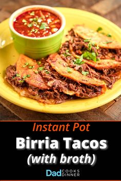 instant pot burritos with broth on a yellow plate next to a bowl of salsa