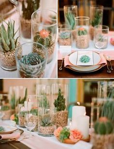 an image of a table setting with succulents in glass vases and candles