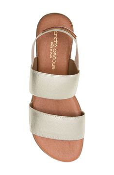 Wide, elasticized straps comfortably secure your foot in this breezy sandal. 1" heel Textile upper/leather lining/rubber sole Made in Spain Gold Double Strap Sandals For Spring, Summer Double Strap Slingback Sandals With Branded Insole, Gold Leather Sandals With Woven Sole, Gold Sandals With Woven Sole And Ankle Strap, Gold Leather Double Strap Sandals, Gold Ankle Strap Sandals With Woven Sole, Gold Double Strap Leather Sandals, Modern Gold Sandals For The Beach, Gold Double Strap Sandals For Summer