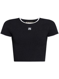 black/white ribbed detailing cropped embroidered signature logo crew neck short sleeves Black Ribbed Top For Streetwear, Trendy Tops With Embroidered Logo, Fitted Short Sleeve Crop Top With Ribbed Neckline, Fitted Crop Top With Ribbed Neckline And Short Sleeves, Sporty Ribbed Crop Top With Crew Neck, Sporty Ribbed Crew Neck Crop Top, Sporty Ribbed Short Sleeve Crop Top, Ribbed Short Sleeve T-shirt For Streetwear, Fitted Black Top With Embroidered Logo