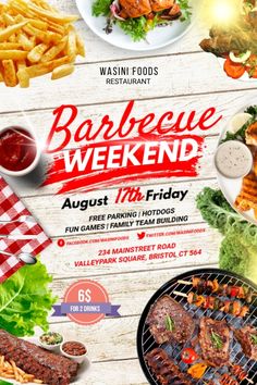 the barbecue weekend flyer is displayed on a wooden table with various foods and drinks around it